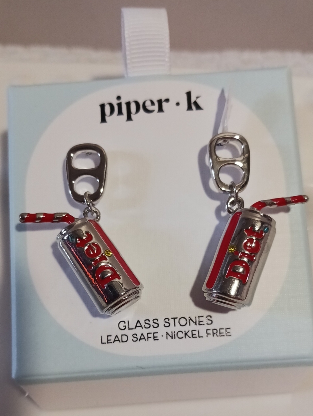 Piper*K Red & Silver Diet Soda Can Earrings With Glass Stones & Striped Straws